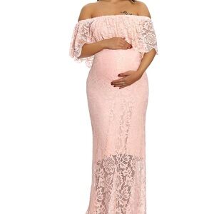 MATERNITY DRESS / Light Pink Lace Off-Shoulder Short Sleeve Maxi Dress